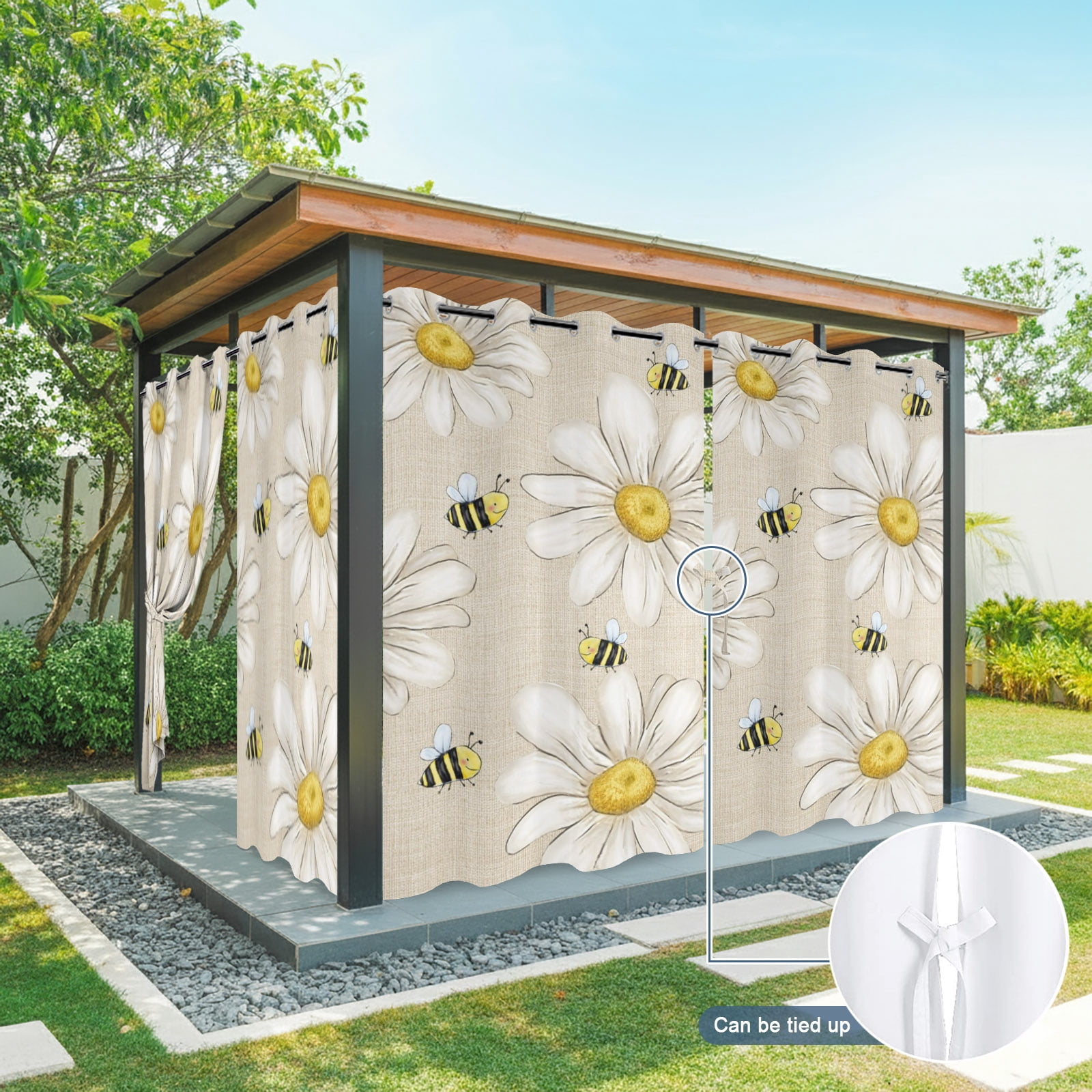 White Daisy Honeybees Outdoor Curtains for Patio, Farmhouse Floral Vintage Minimalist Sunshade Privacy Drapes Grommet Waterproof Outside Curtains for Porch/Cabana/Balcony 54"x 108", 1 Panel