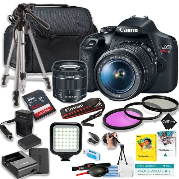 Canon EOS Rebel T7 DSLR Camera w/EF-S 18-55mm IS II Lens   64GB SanDisk Ultra Memory Card   Spare high Copacity Battery and Charger   More (18pc Bundle) (International Version)