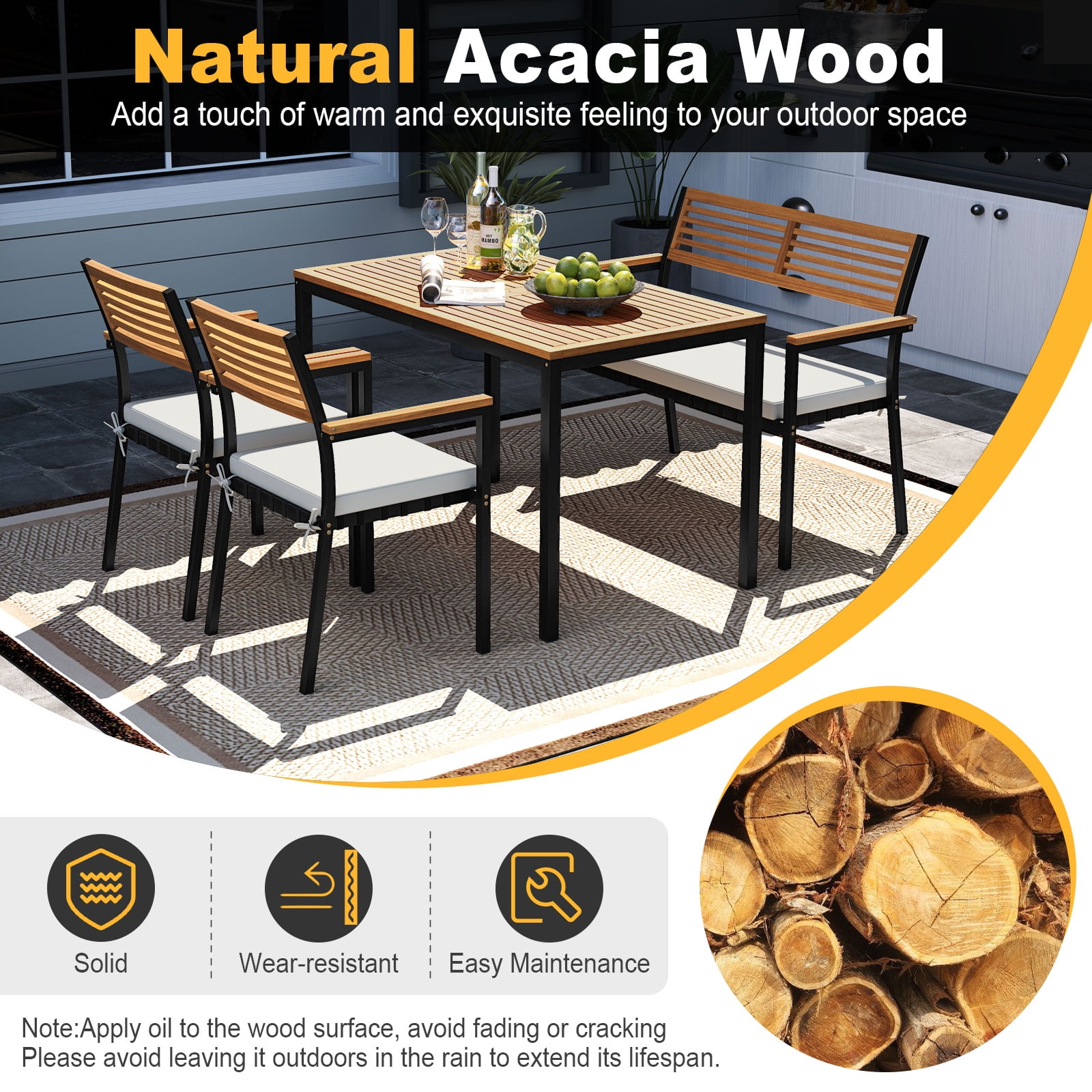 Costway 4 PCS Patio Furniture Set with Acacia Wood & Metal Frame Umbrella 1 table