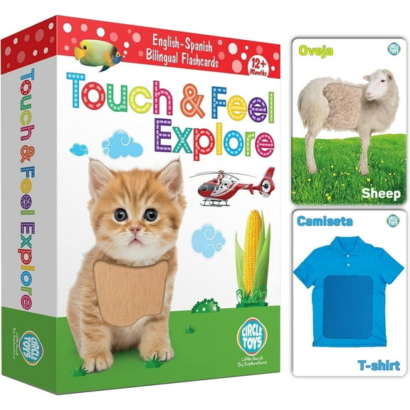 My Touch and Feel English Spanish Bilingual Picture Double Sided Sensory Flash Cards for Infant, Toddlers, Kids, Learn Animals, Fruits, Objects and Vehicles, Fun Learning and Educational Flashcards