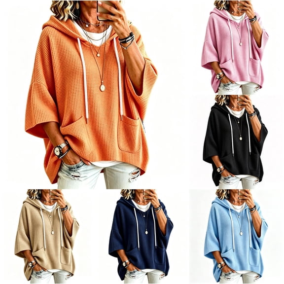 xfsWaSs Women's Waffle 3/4 Sleeve Hoodie with Pocket Oversized Drawstring Pullover Lightweight Sweatshirt Solid Color Loose Fit Casual Tops