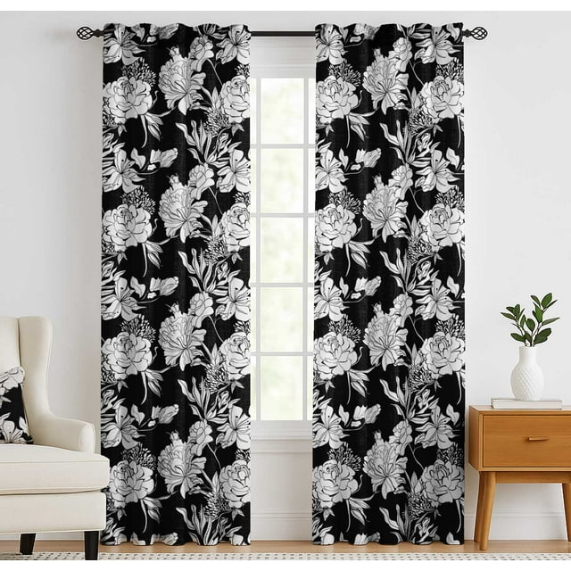 Vargottam 84 Inch Rod Pocket/Back Tab Cotton Curtains for Windows and Doors - Light Filtering Cotton - Light Filtering Drapes For Doors - Set of 2 Panels, 52"x84" - Rose Floral Print (Black)