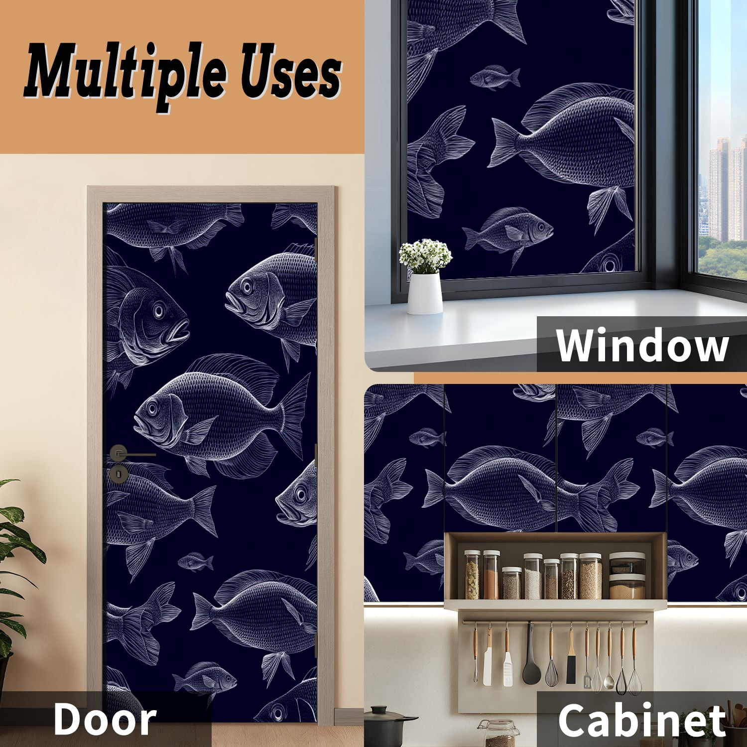 Self Adhesive Vinyl Refrigerator Wrap Set Detailed Fish Swimming Dark Patterned Door Mural Removable Fridge Sticker Peel and Stick&nbsp;Full Door Cover Decal Kitchen Bar Decor