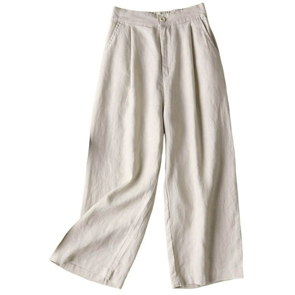Fartey Pantalon d'Été Uni à Jambe Droite pour Femmes, Bouton, Taille Élastique, Coton et Lin, Pantalon à Jambe Grand, Décontracté, Ample, Affaires, Travail, avec Poches, TG