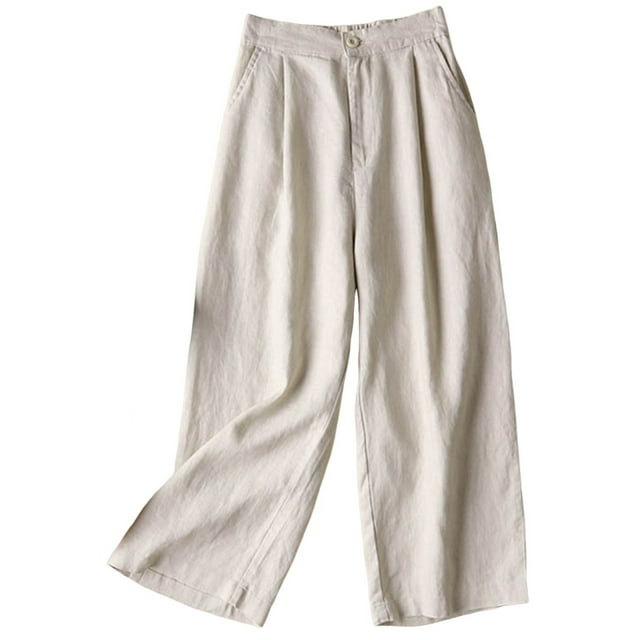 Timegard Women's Cotton Linen Elastic Waisted Ruched Wide Leg 7/8 Lounge Pants with Pockets