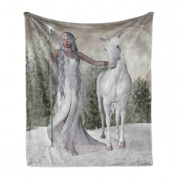 Horse Soft Flannel Fleece Blanket, Mace Holding White Haired Elf Girl Walking Barefoot in Snow Forest with Horse, Cozy Plush for Indoor and Outdoor Use, 50" x 60", Coconut and Dust, by Ambesonne