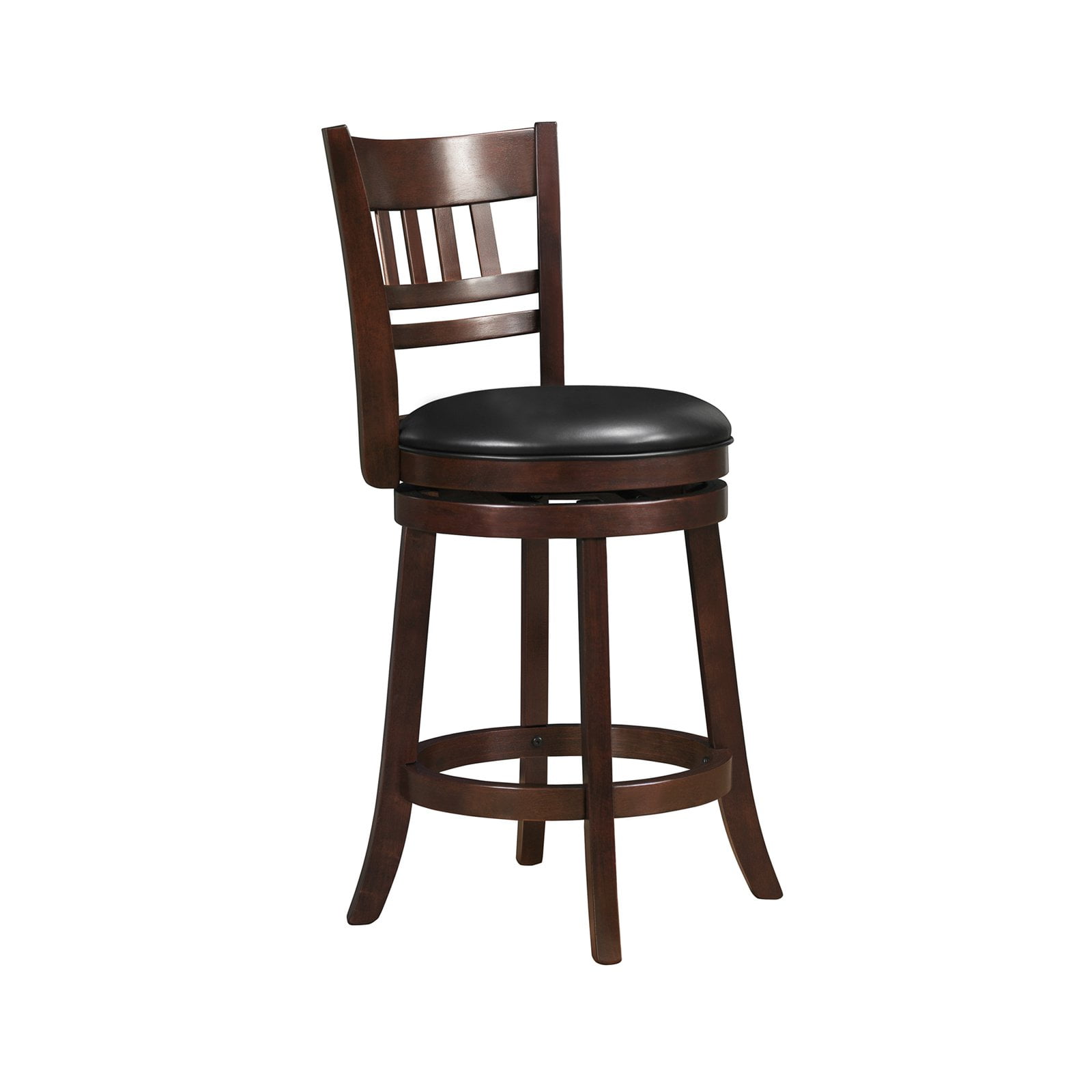 Cherry Wood Swivel Counter Height Stool 24" Inch Padded Seat Black Faux Leather 