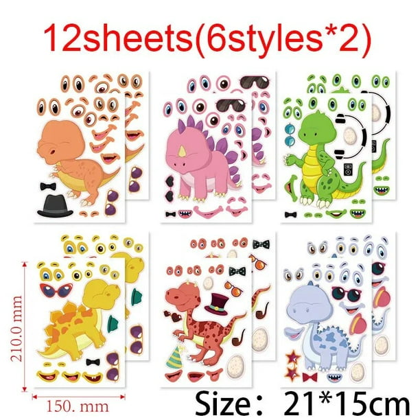 Hojas de pegatinas para hacer una cara, animales del zoológico, dinosaurio marino, regalo de Festival de recompensa, arte artesanal, favores de fiesta, rompecabezas escolar, juego DIY, 12/24 hojas