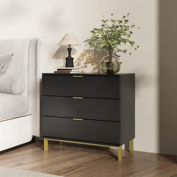 Large Black Nightstand Modern End Table with 3 Drawers, Gold Metal Handles & Legs, Bed Side Table for Living Room, Black and Gold, 31.5”W x 15.7”D x 29.5”H