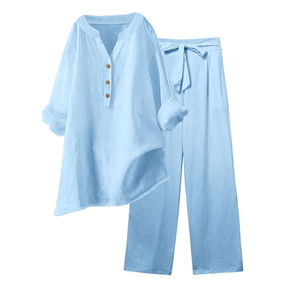 JFGHDG Linen Sets for Women 2 Piece Cotton V Neck 3/4 Sleeve Sleeve Top Wide Leg Pants Outfits Summer Casual Loungewear Blue L