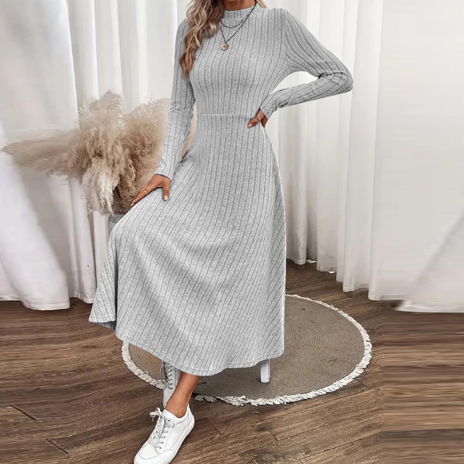 grey ribbed dress long sleeve ASOS DESIGN long sleeve ribbed mini dress with split hem in gray