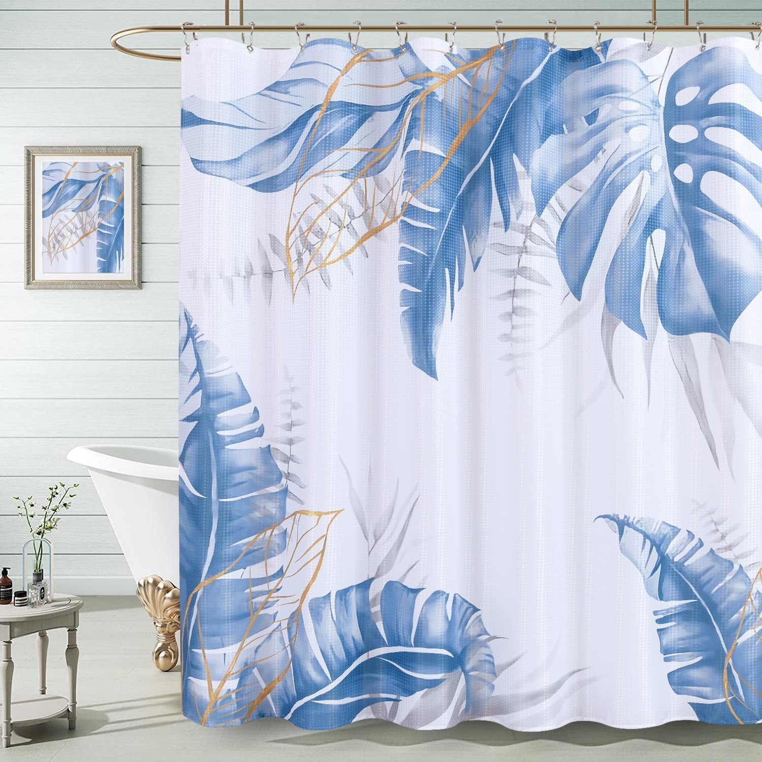 Blue Grey Tropical Shower Curtain for Bathroom Botanical Shower Curtain
