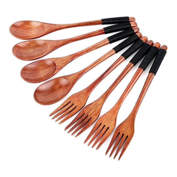 Juego de 8 cucharas y tenedores de madera, juego de utensilios de madera de estilo japonés, cuchara de cocina hecha a mano, juego de cubiertos de viaje reutilizables A