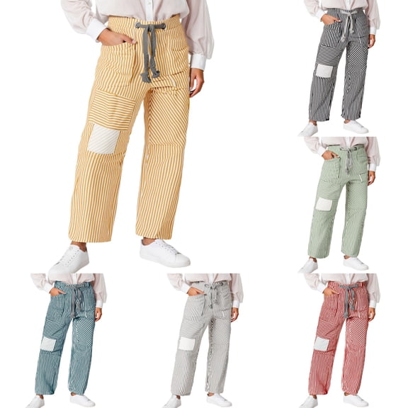 KHONTS Baggy Barrel Jeans for Women Y2k Striped Drawstring High Waist Straight Wide Leg Boyfriend Jeans Mom Denim Pants Yellow S
