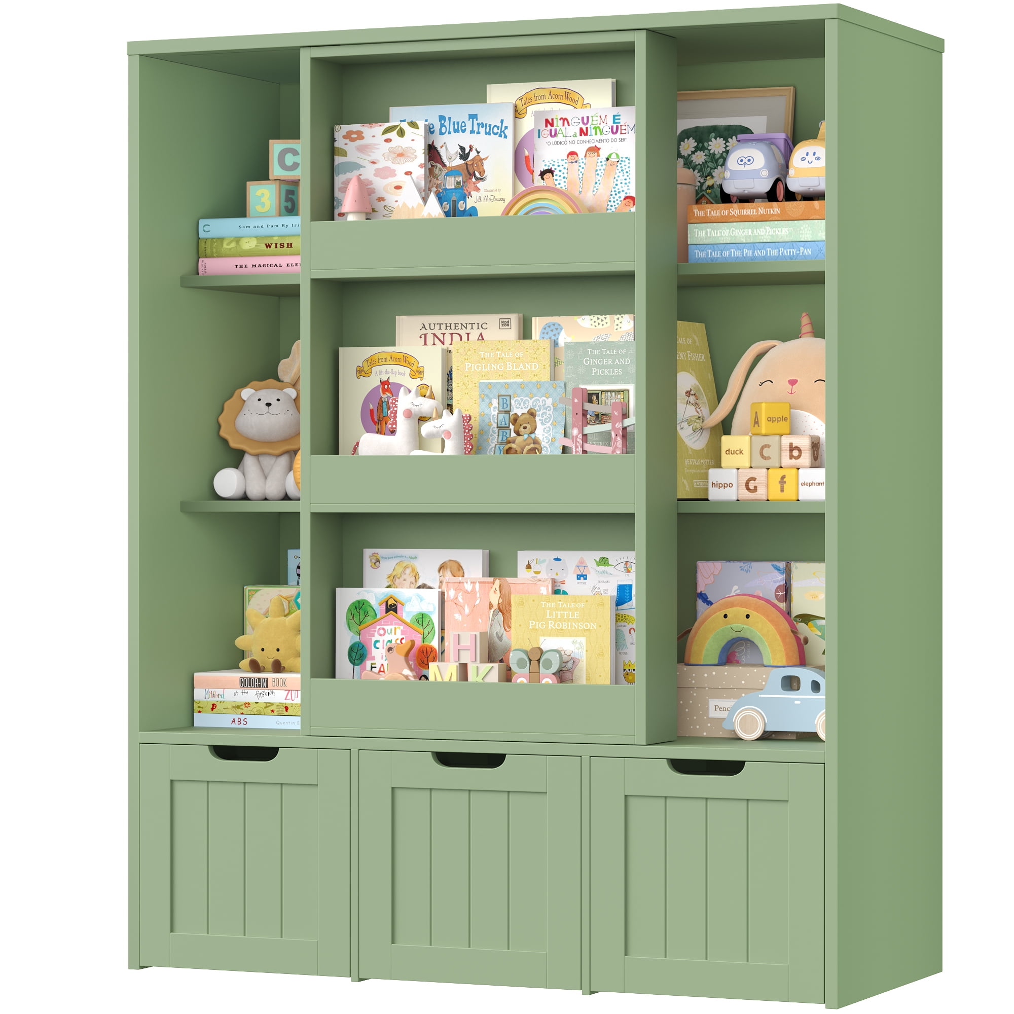 Homfa 6 Cube Toy Storage, Cube Organizer with Sliding Rack, 3 Drawer Kids Bookcase and Bookshelf, Green