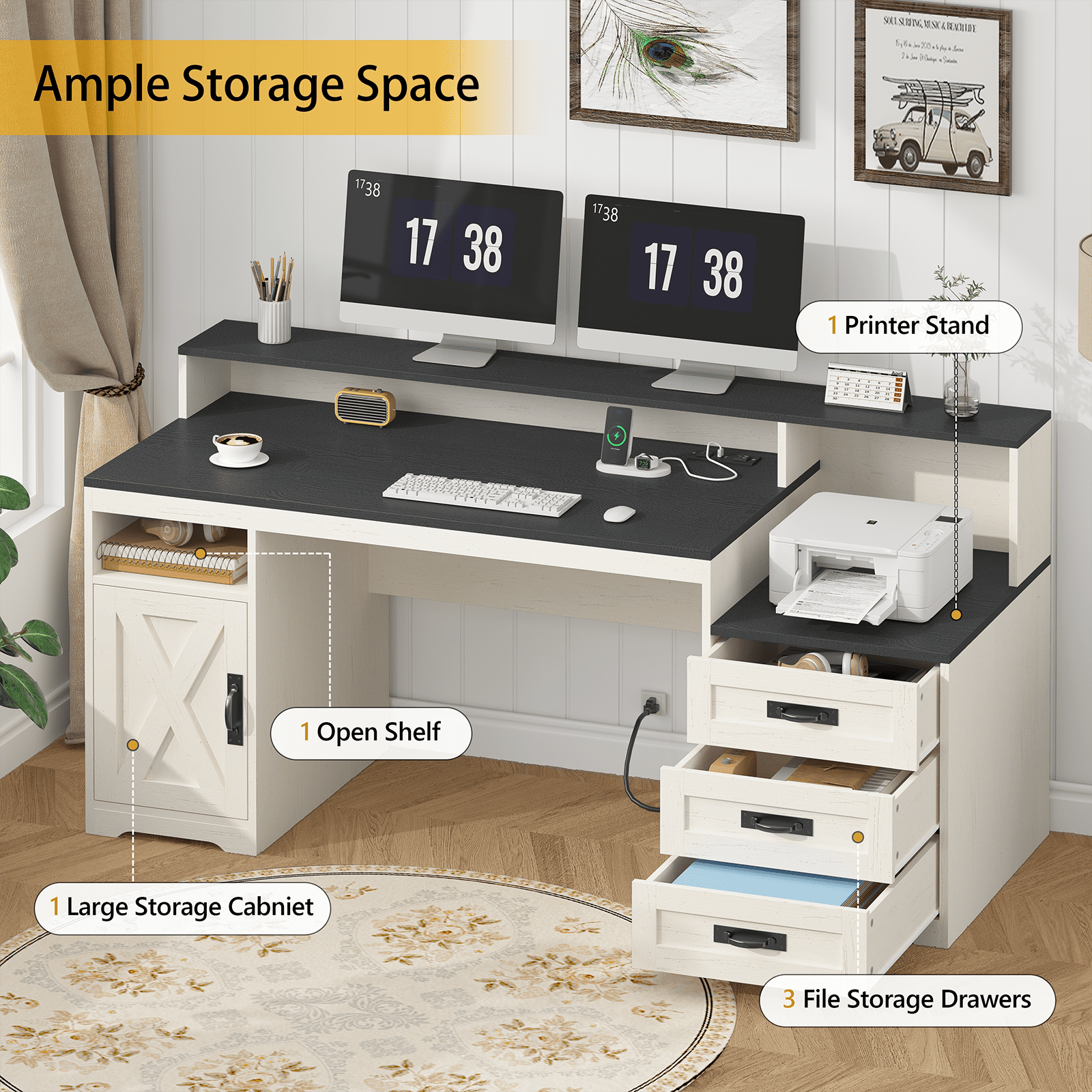 Farmhouse Computer Desk with Drawers, 65'' Home Office Desk with Power Outlets, Storage Cabinet and Printer Stand, Study Writing Desks with Long Monitor Stand, Black and White