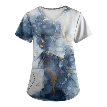 

SENDKEEL Summer Tops Plus Size Retro Printed Scrub Working Uniform Tops For Women Cross V-Neck Short Sleeve Fun T-Shirts Workwear Tee With Pockets