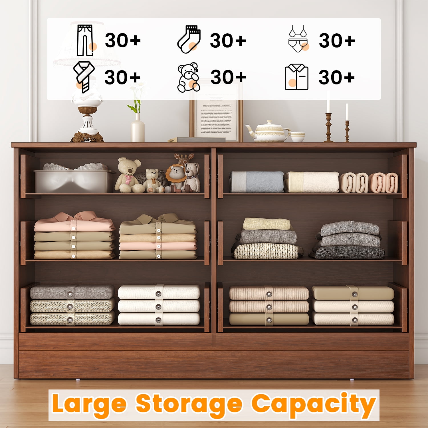 Winkalon Brown Dresser for Bedroom, 6 Drawer Dresser Chest of Drawers, Wood Dressers for Closet, Wide Modern Dressers for Living Room, Hallway, Entryway, TV Stand, Brown