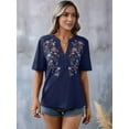 thumbnail image 5 of Mexican Shirts for Women Embroidered Traditional Summer Blouse Floral Tunic V Neck Short Sleeve T Shirt Navy Blue M, 5 of 6