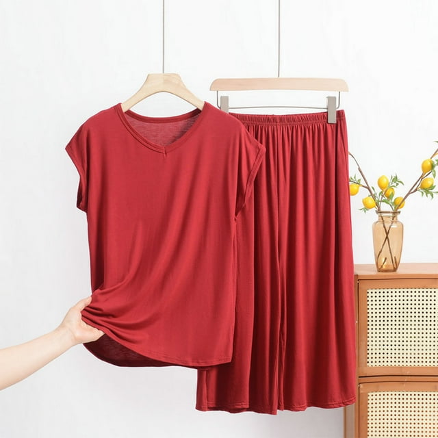 Soki Ensemble 2 Pcs pour Femmes Été Haut Sans Manches et Pantalon Ensemble de Pyjama en Coton Modal Vin 2TG