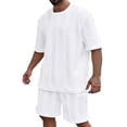 thumbnail image 2 of AWARDER Men's Summer 2-Piece Set, Knitted Solid Color Jacquard Short Sleeve T-Shirt and Casual Shorts, Breathable Lounge Outfit For Spring and Summer Season,White,3XL, 2 of 9