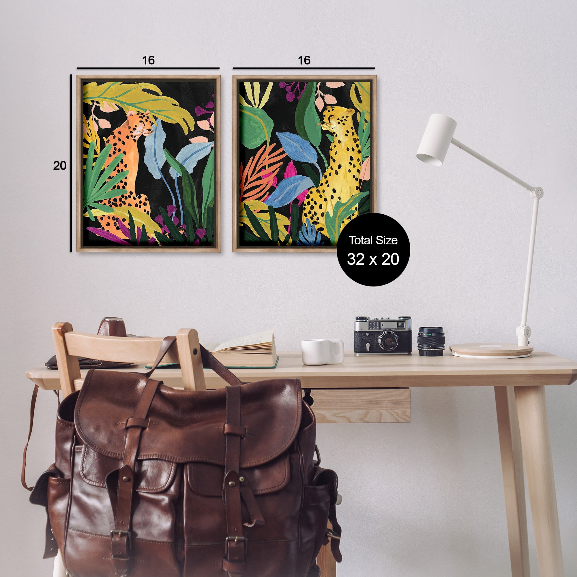 Stupell Industries Leopards & Tropical Leaves Animals & Insects Painting Brown Floater Framed Canvas Art Print Wall Art, 17 x 21, Set of 2