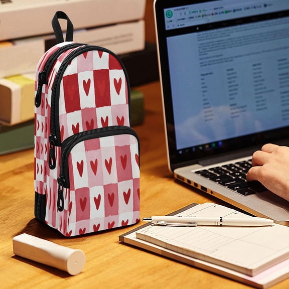 Backpack Pencil Case, 3 Compartment Large Capacity Oxford Fabric Pencil Pouch / Soft Heart Checkerboard