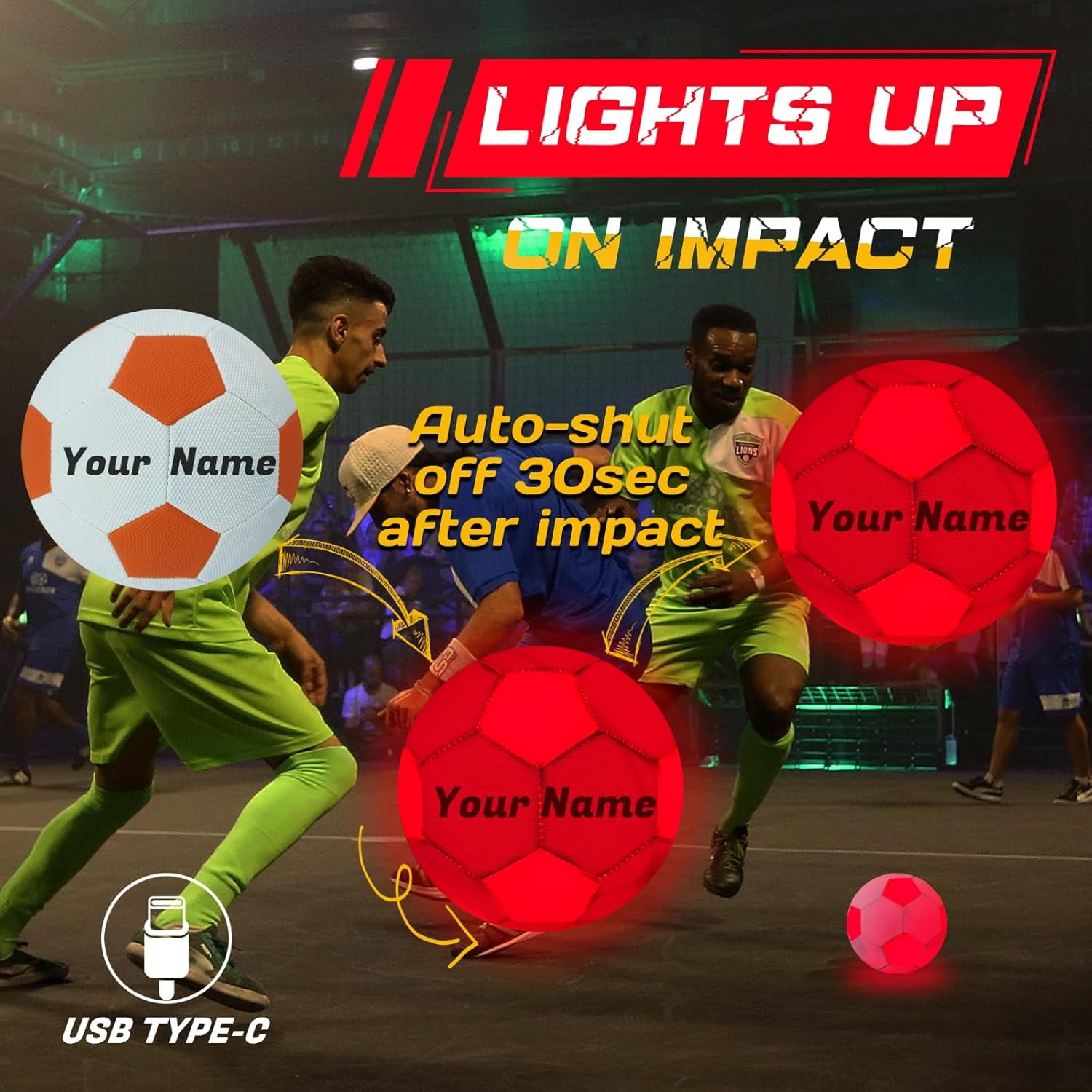 Customized Glow in The Dark Soccer Ball, Personalized Rechargeable Light up Indoor Outdoor Soccer Ball with Charging Cable, Pump and Carry Bag | Glowing Soccer Gift for Teens, Adults