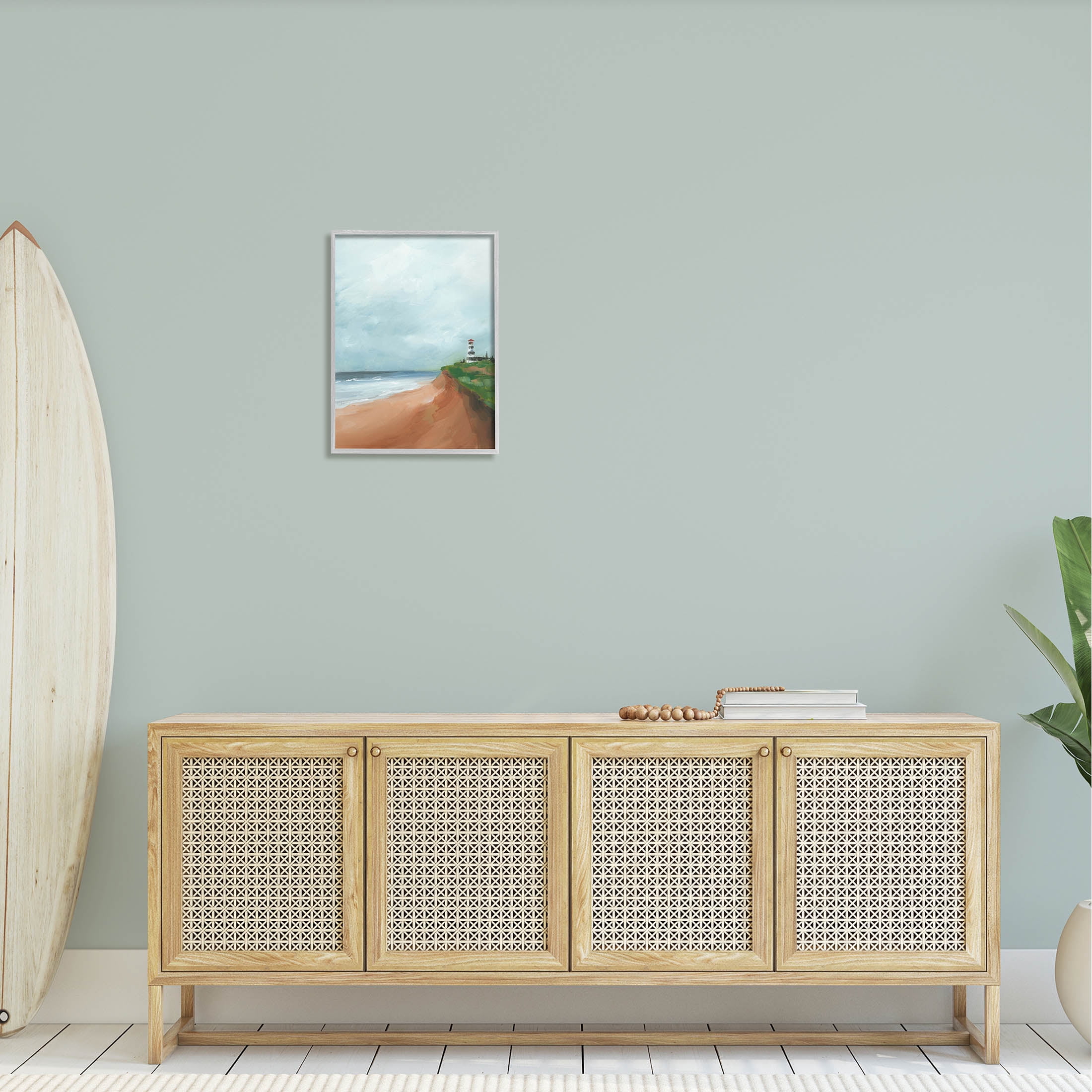 Distant Lighthouse Beach Shore Coastal Painting Gray Framed Art Print Wall Art