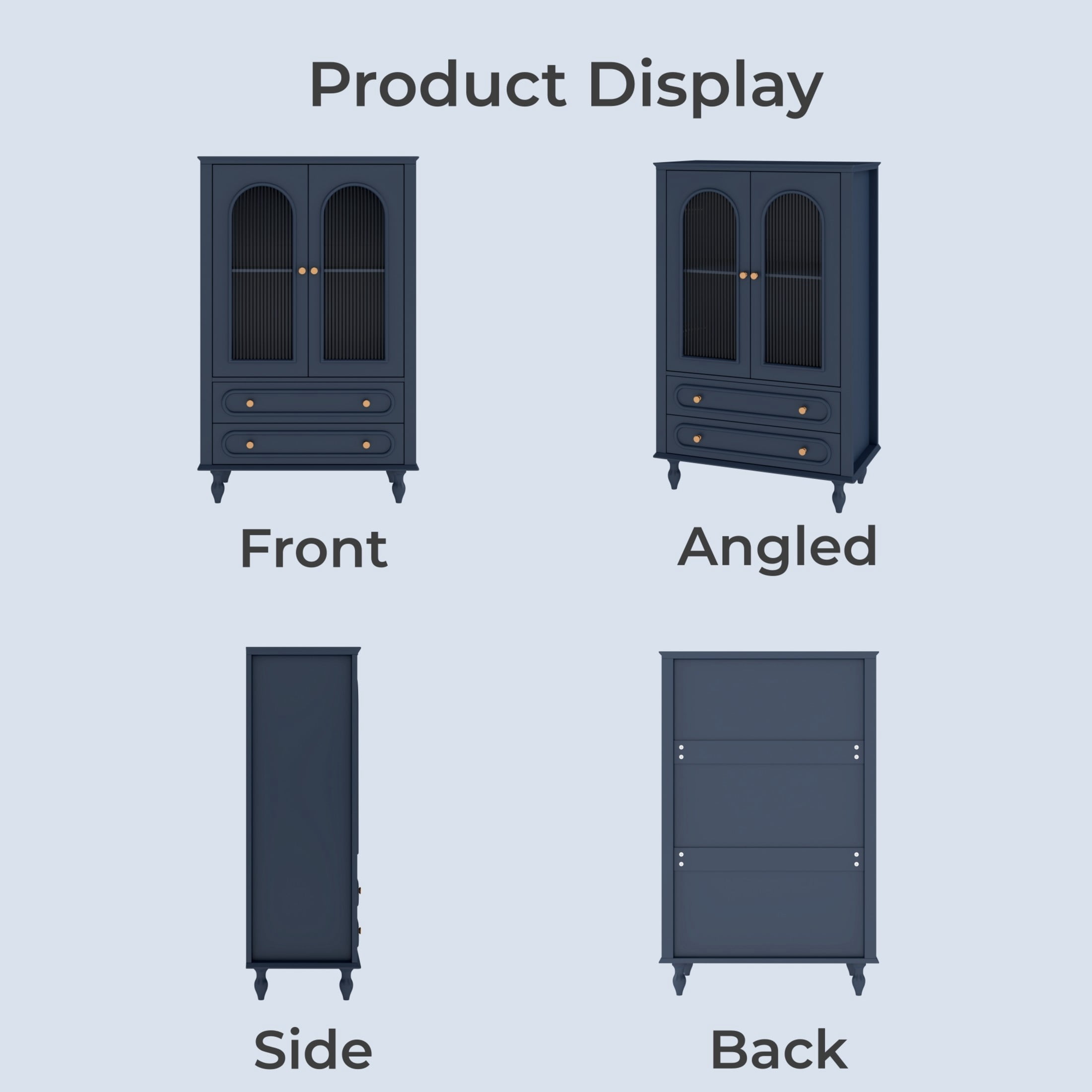 Noble House 46.5" Wooden Glass Display Cabinet with Ribbed Glass Doors, Adjustable Shelf & Storage Drawers, Navy Blue