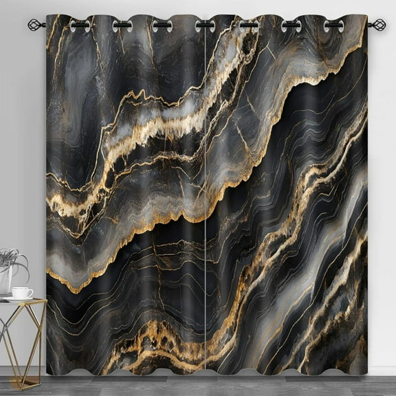 Abstract Black Gold Window Curtains, Black And Gray Marble Blackout Curtains, Gold Crack Lines Thermal Insulated Curtain For Bedroom Office Playroom Window Treatments 38"W x 54"L (Pack of 2)