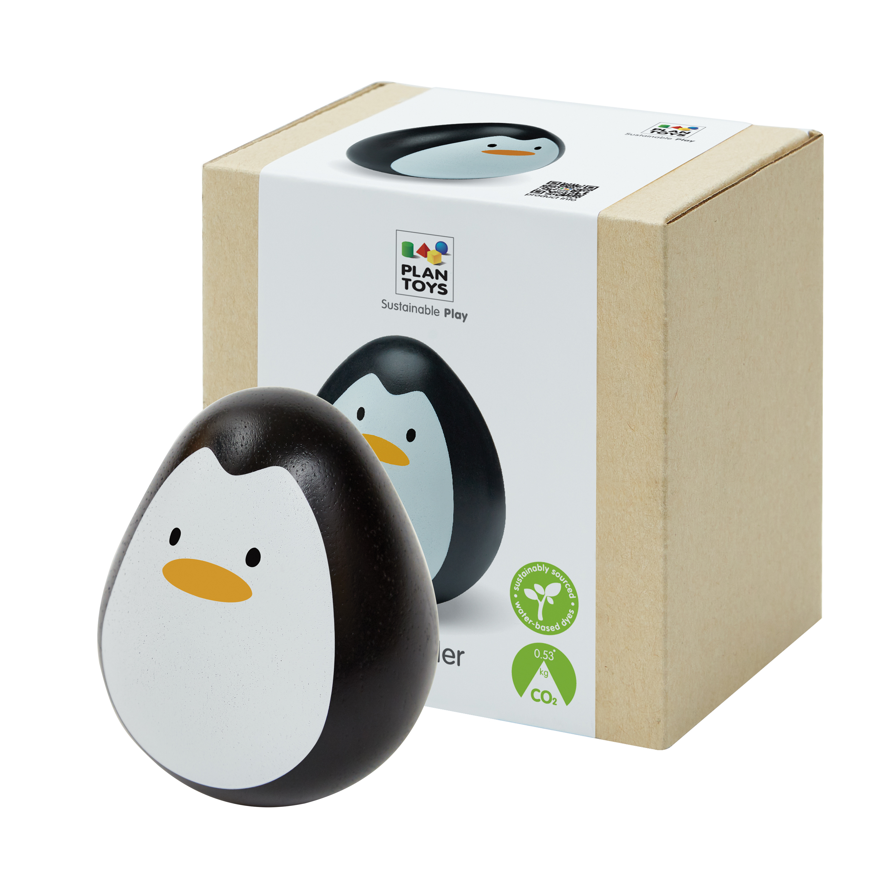 PlanToys® Penguin Wobbler Montessori Wooden Baby Sensory Toy for Tummy Time | Cause & Effect Developmental Toy for Babies 6+ Months