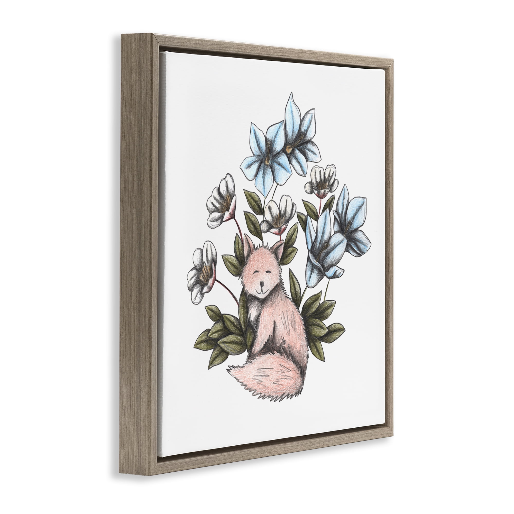 Gentle Fox with Flowers Brown Framed Floater Canvas Wall Art, design by Cecilia Battaini
