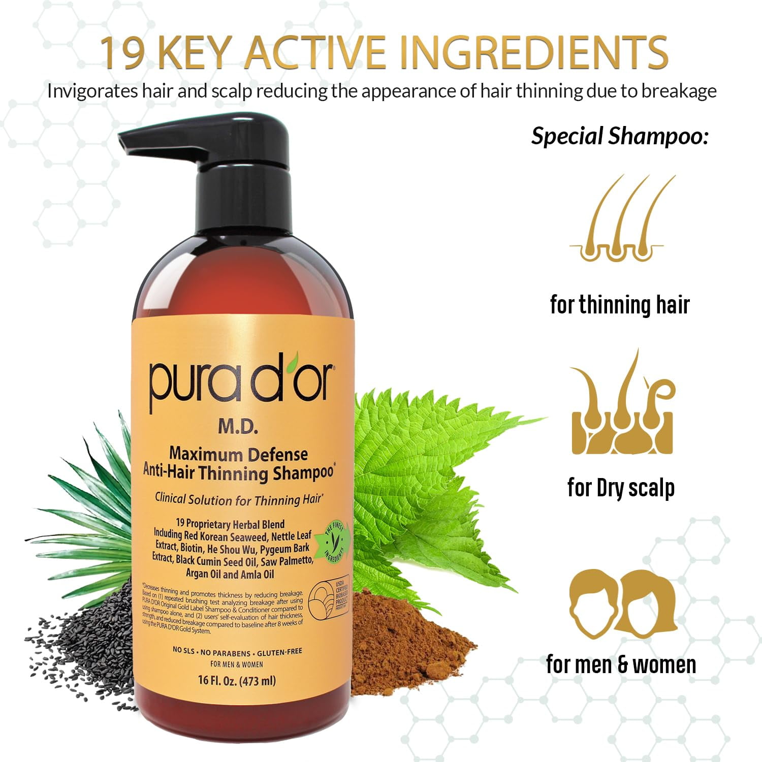 PURA D'OR MD Maximum Defense Anti-Thinning Shampoo & Deep Moisturizing Conditioner Set (16 Fl Oz X 2)