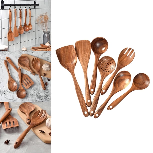 Juego de utensilios de cocina de madera natural Utensilios de cocina de madera de teca Cucharas de cocina antiadherentes de mango largo Regalo - 7 piezas Macarena utensilios de cocina