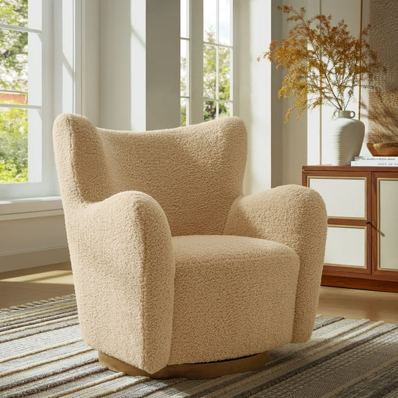 Modway Montrose Wingback Sherpa Swivel Accent Chair in Ivory Walnut