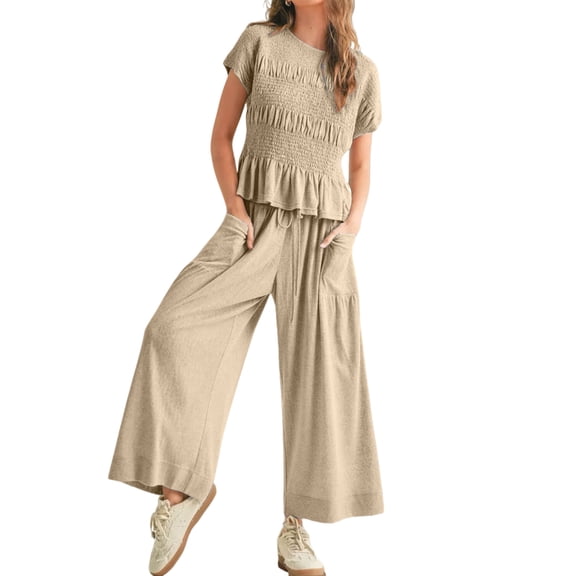 Womens 2 Piece Smocked Top Wide-Leg Pants Set High-Waisted Lounge Outfit with Pockets Matching Set Oat Color S