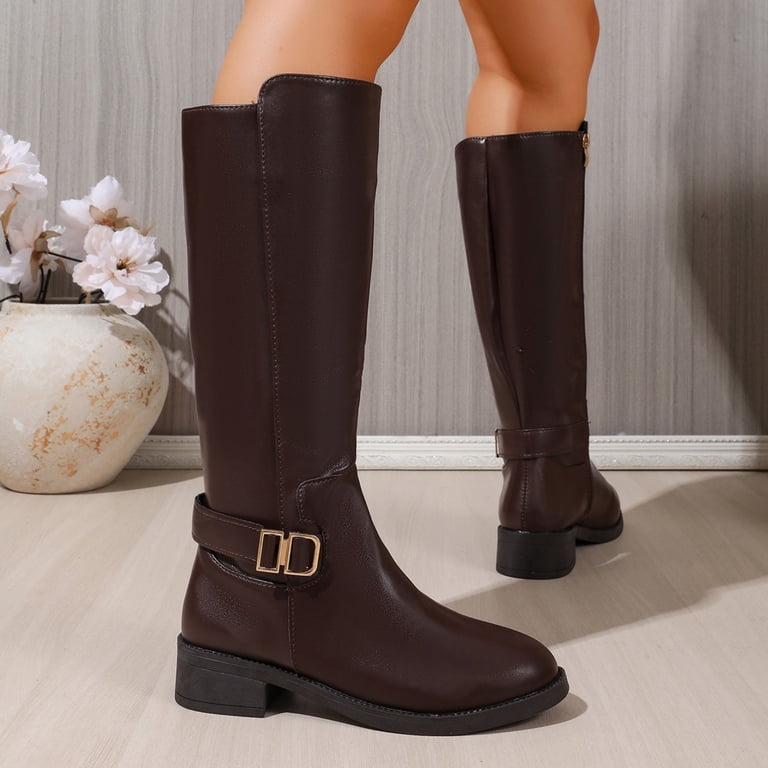 High Riding Patelal OKBOP Womens Boots Knee-High Riding Round Toe Zip-Up Casual Medium Arch ...