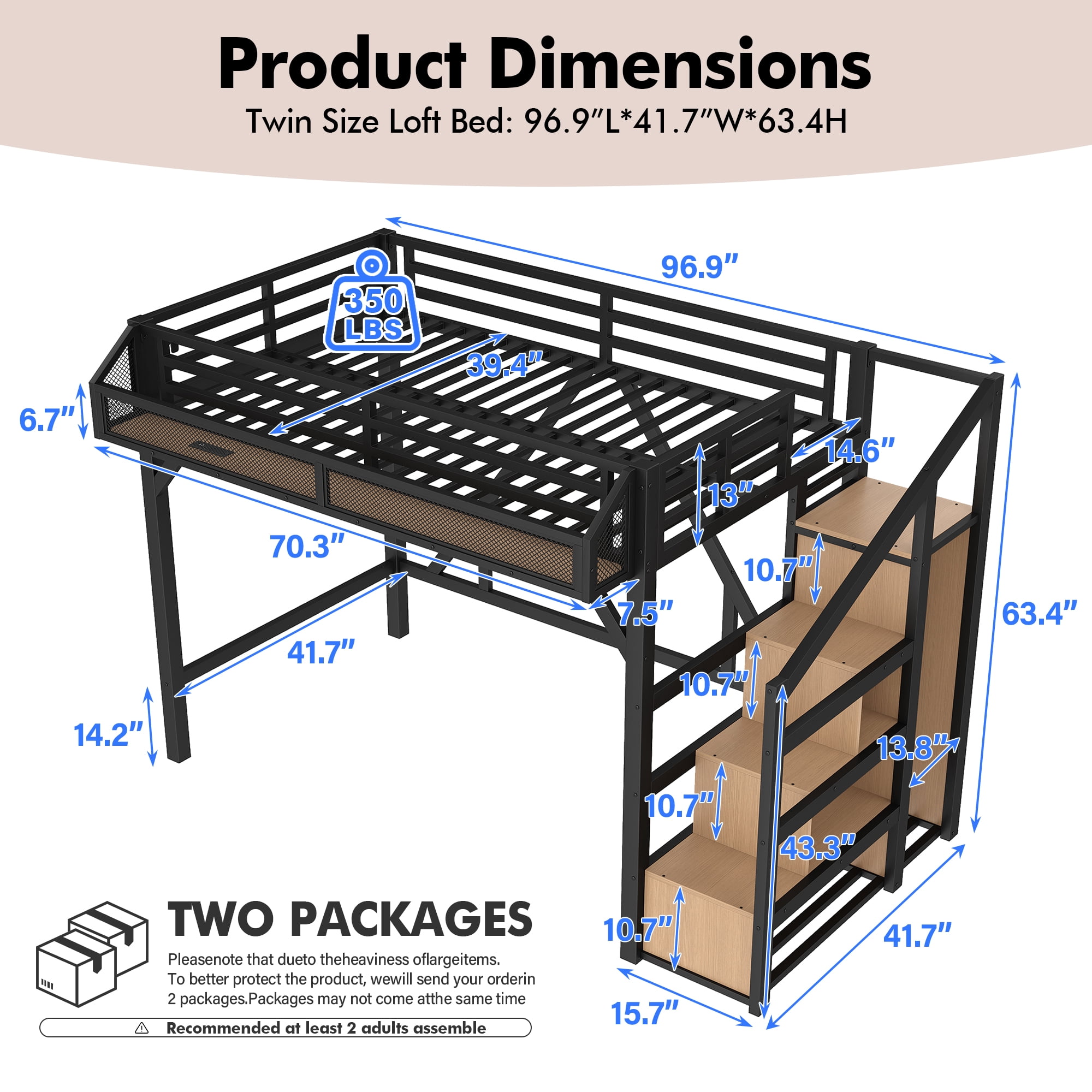 Aukfa Twin XL Metal Loft Bed with Storage Stairs, Shelves, Wardrobe, USB Ports & LED Lights, Heavy-Duty Bed Frame for Adults & Kids, Black
