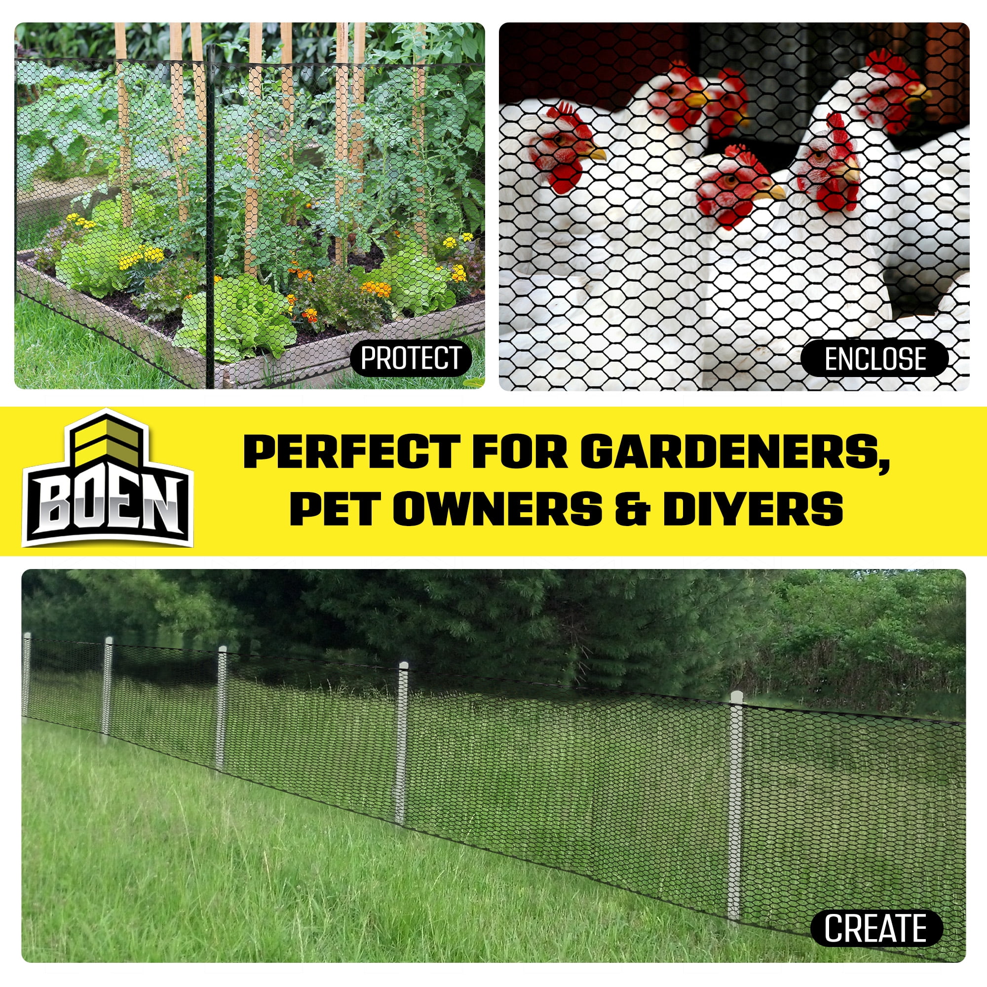 Boen - Plastic Hex Chicken Wire Mesh Temporary Fence Roll (4' x 25' - Black) - Plastic Fence Poultry Netting for Temporary or Semi Permanent Enclosures, Deer Netting Fence, Construction Fencing