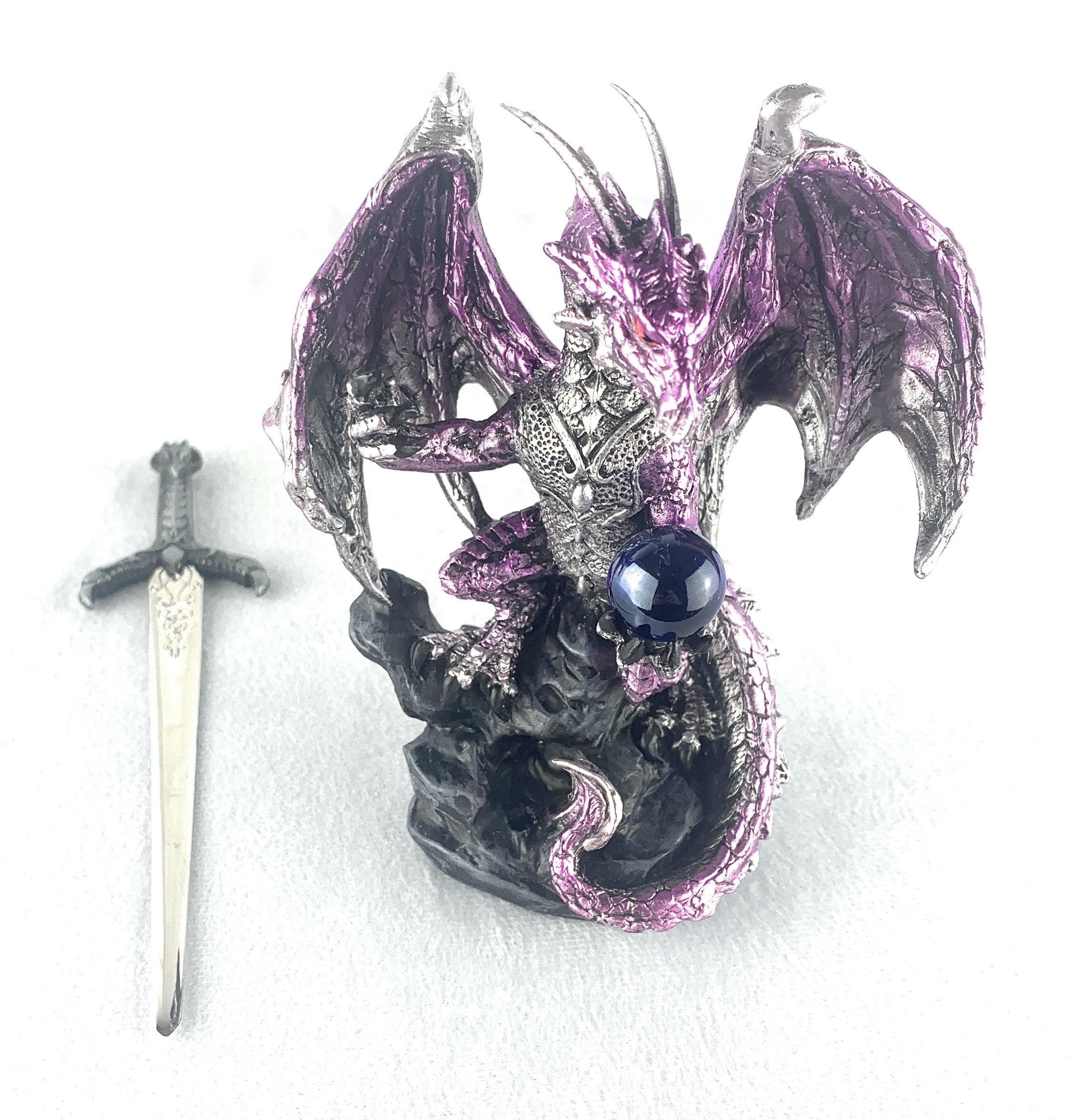 Ain’t It Nice Dragon Statue with Medieval Dragon Sword and Crystal Ball Collectible Dragon Figurine Fantasy Medieval Dragon Décor, Purple 4(L) 2(W) 7(H) inches
