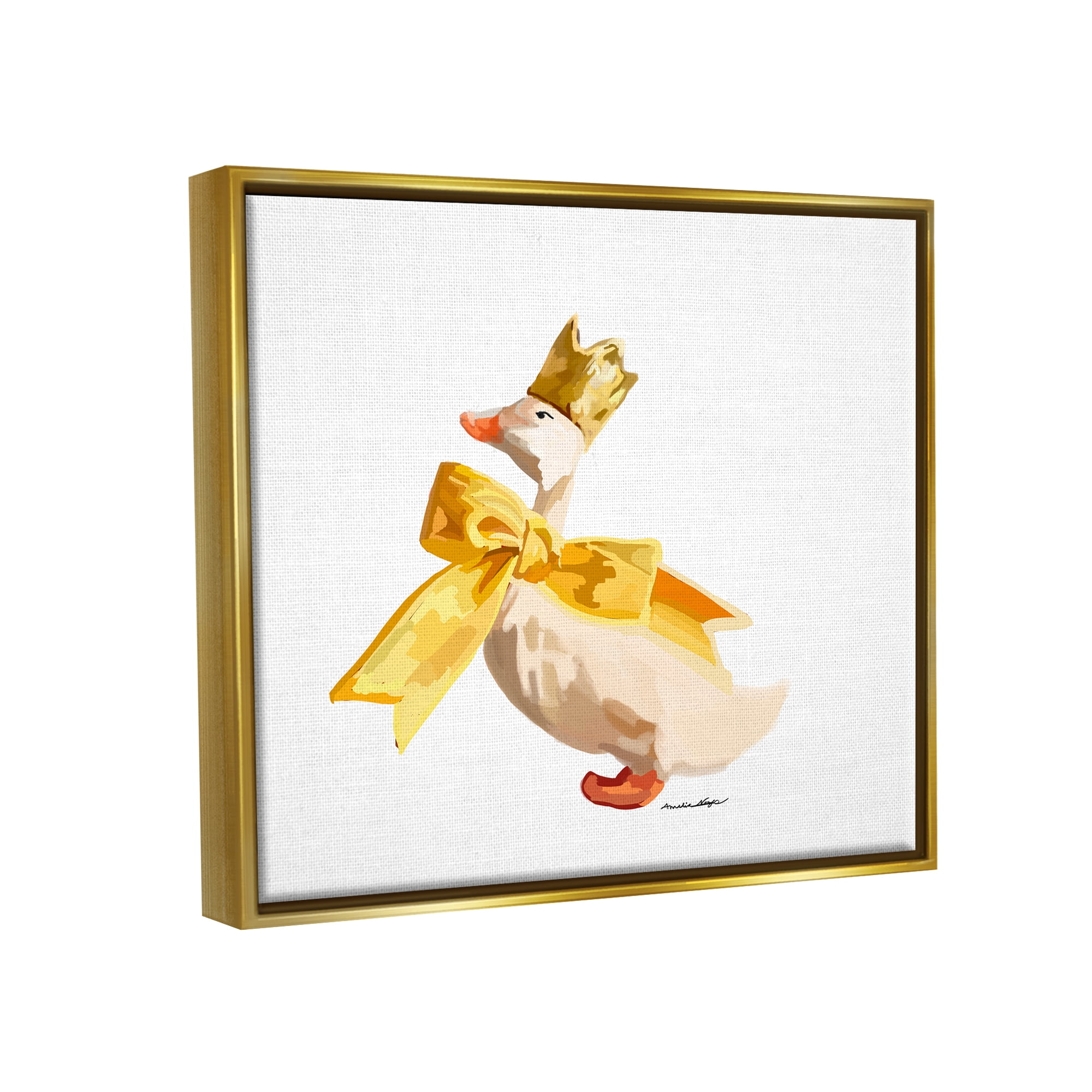 Stupell Industries Royal Duck with Bow Animals & Insects Painting Gold Floater Framed Canvas Art Print Wall Art, 31 x 25