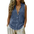 thumbnail image 5 of Womens Cotton Linen Sleeveless Button Down Shirt Collared V Neck Tank Tops with Double Pockets Casual Summer Loose Blouse Blue S, 5 of 6