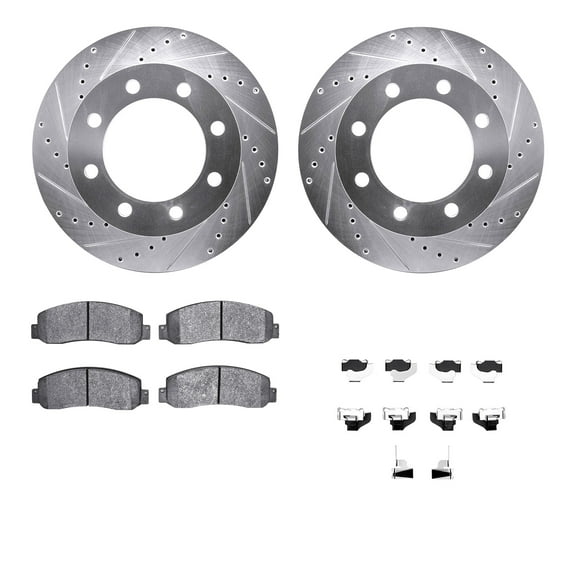 Dynamic Friction Company Front Brake Rotors-Drilled and Slotted-Silver with Heavy Duty Brake Pads includes Hardware 7212-99200