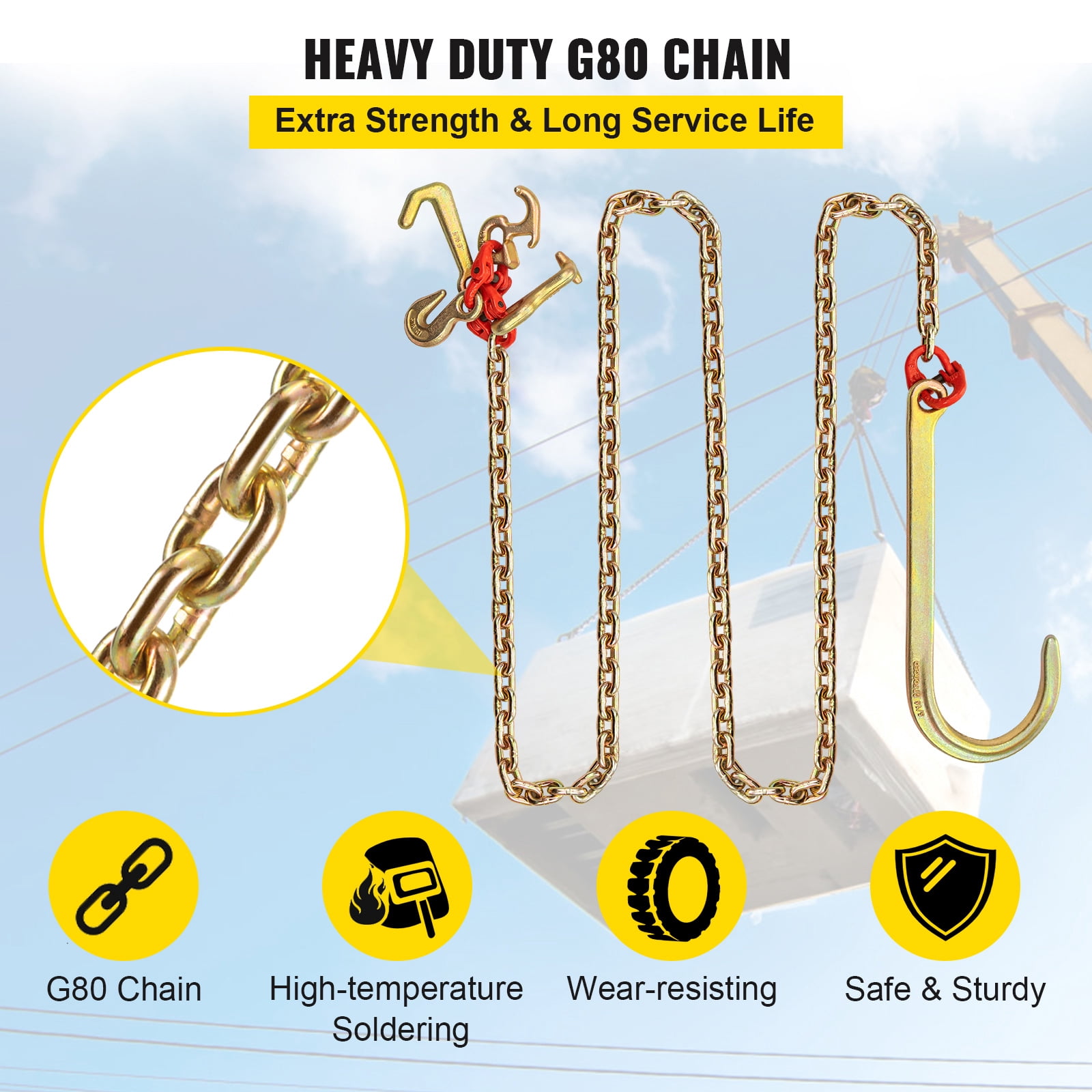 KFFKFF J Hook Chain, 5/16 in x 10 ft Bridle Tow Chain, Grade 80 Bridle Transport Chain, Alloy Steel Chain with 2 J Hooks, 9260 Lbs Break Strength Tow Hooks for Trucks, J Hooks Towing Straps 2PCS