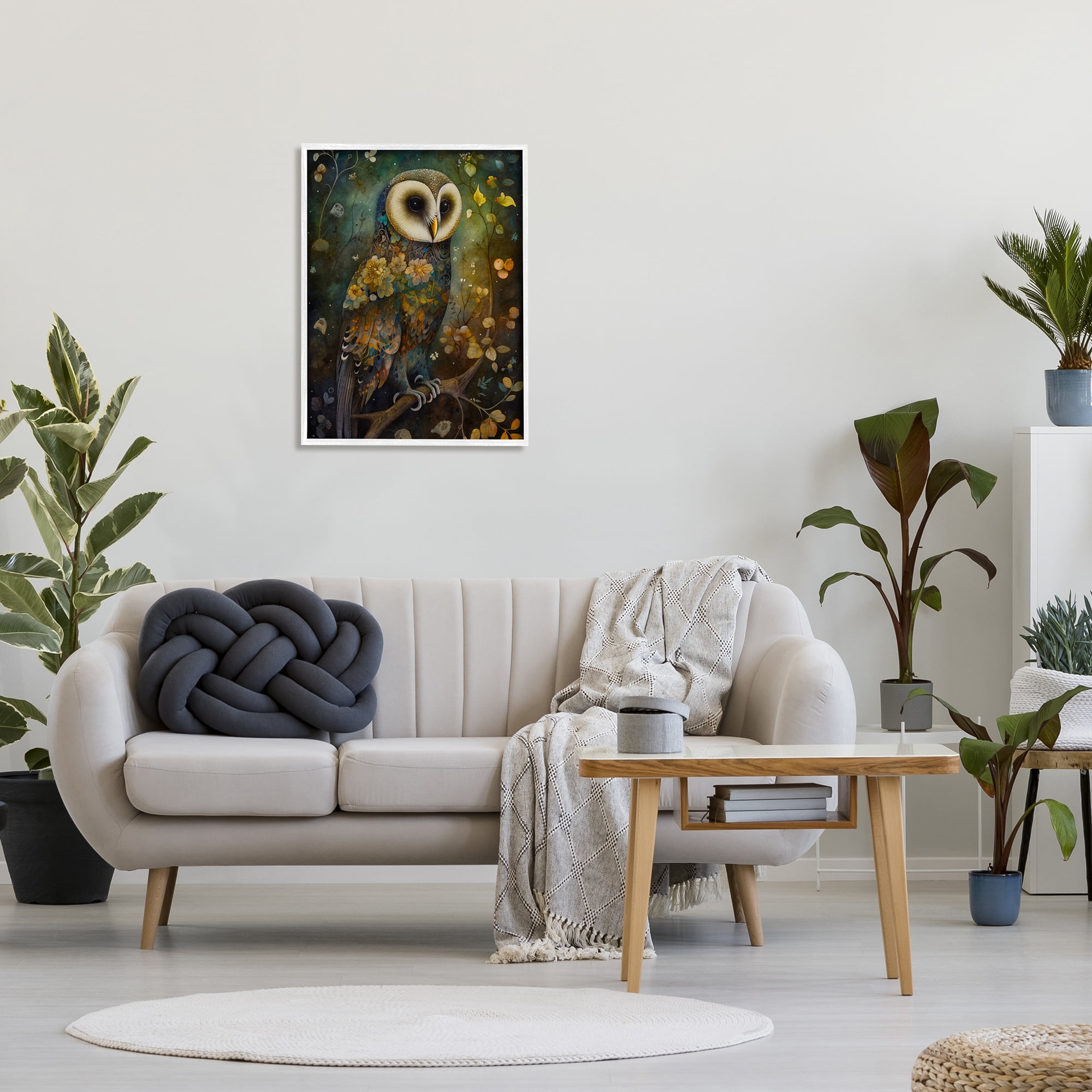 Stupell Industries Patterned Forest Owl Animals & Insects Painting White Framed Art Print Wall Art, 24 x 30