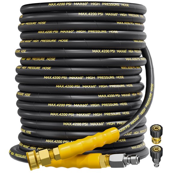 4200PSI Pressure Washer Hose 100FT with 3/8" Swivel Quick Connect for Cold/Hot Water, Kink Resistant Steel Wire Braided, Wear Resistant Power Washer Hose with 2 M22 14mm Adapter Set