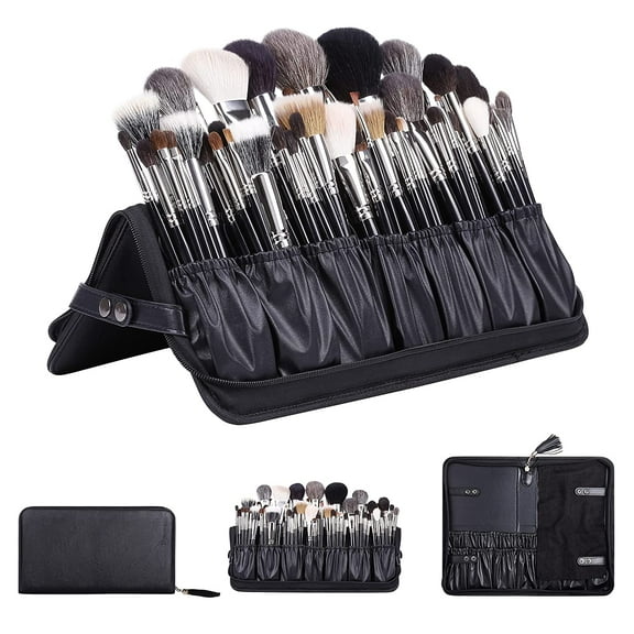 Professional Makeup Brushes Organizer Bag Makeup Artist Cosmetic Case Leather Makeup Handbag Black Travel Portable(Only Bag)