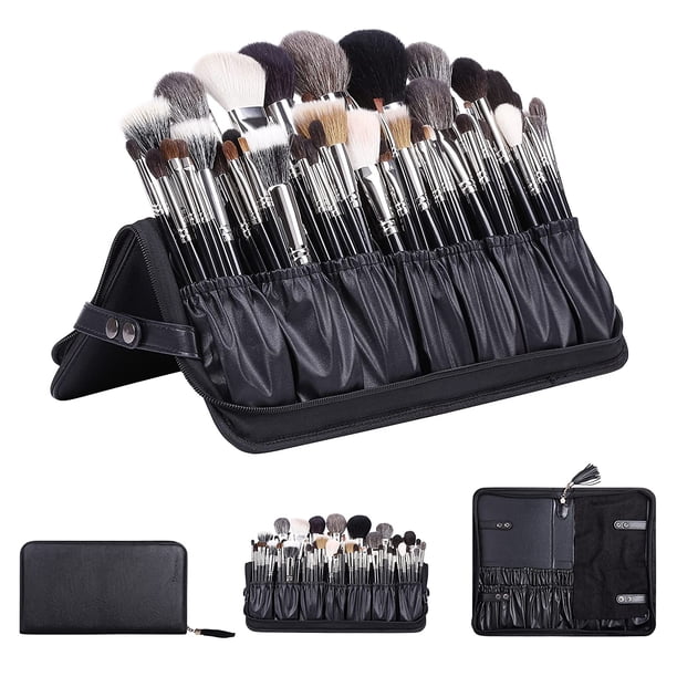 Rewera Bolsa organizadora de brochas de maquillaje profesional, estuche de cosméticos para artista de maquillaje, bolso de maquillaje de cuero, portátil de viaje negro (solo bolsa)