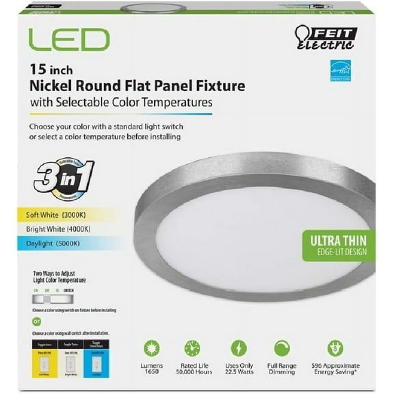 Feit Electric LED Flat Panel Light Fixture - Dimmable, 4000K, Brushed Nickel, 15 in